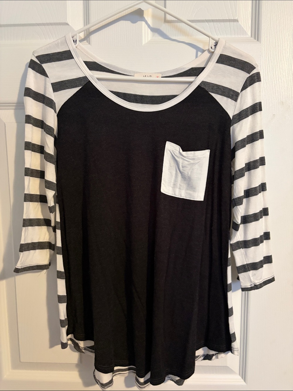 Le Lis Black Top with White Striped Raglan Sleeves and Pocket